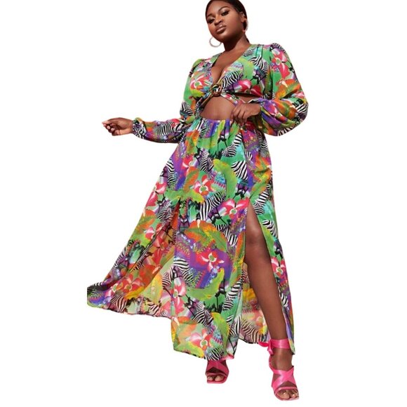 Shein Curve Dresses & Skirts - NWT SHEIN Plus Slayr Plus Tropical Print Purple Yellow M-Slit Hem Dress Size 2X